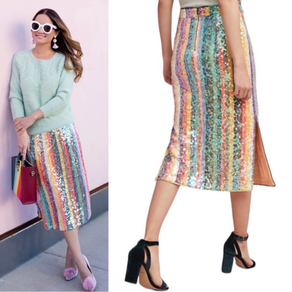 Anthropologie Rainbow Sequin Striped Pencil Skirt
